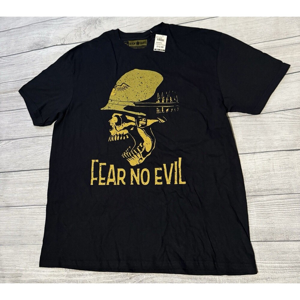 Kick Brass Fear No Evil  T-Shirt Screaming  Skull  Military Helmet & Ammo XL NWT